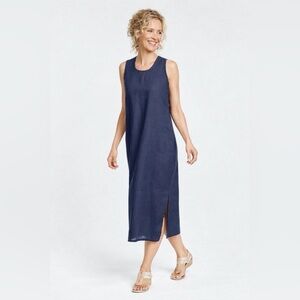 FLAX 100% linen sleeveless maxi dress, Navy "Slipster" Small neutral Minimalist